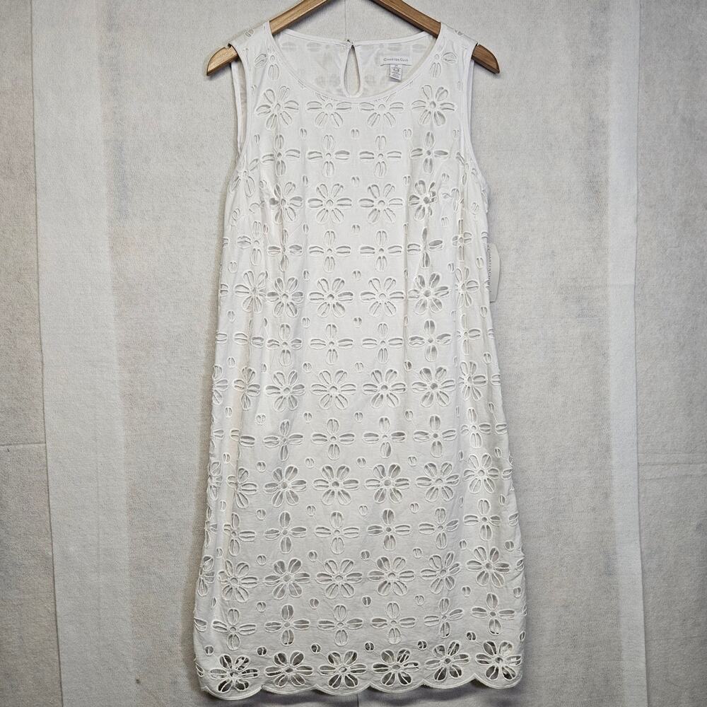 Charter Club Womens White Eyelet Lace Sleeveless Shift Dress NWT Size 14